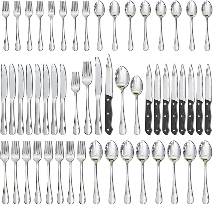 Astercook Silverware Set 48-Piece Flatware with Steak Knives Food-Grade Stainless Steel Cutlery for 8 Mirror Polished Utensils Set Include Spoons and Forks for Home Kitchen Restaurant