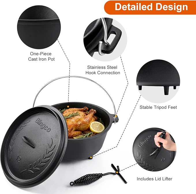 Pre-Seasoned 8QT Large Cast Iron Camping Dutch Oven Pot with Lid | Heavy- Duty Camping Cookware incl. Lid Lifter - Dual Handles - for Outdoor Campfire, Grill, Oven & Stovetop Cooking Black