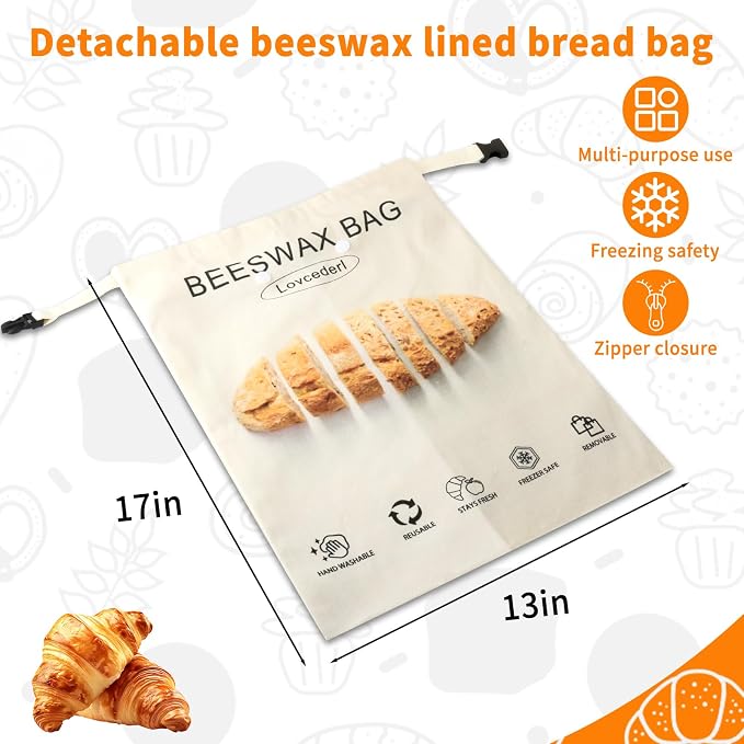 Cotton Beeswax Bread Bags for Sourdough Homemade with Zipper, Freezer-Friendly & Freshness Preservation, 2 Pack XL Natural Detachable Reusable Beeswax Lined Bread Bag Easy to Clean