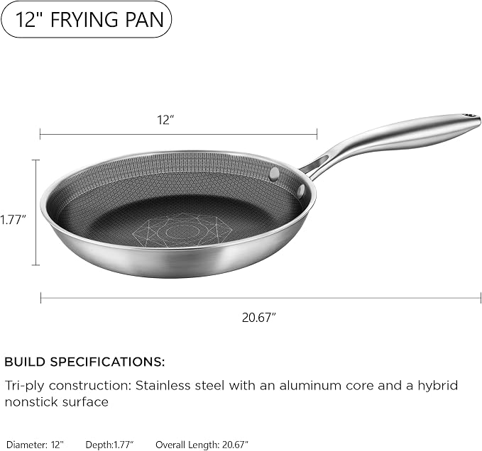 COOKER KING 12-Inch Stainless Steel Pan, Hybrid Nonstick Frying Pan | 3-Ply Clad Cookware, Healthy & Non-Toxic, Dishwasher & Oven Safe, Stay-Cool Handle, Induction Compatible – Metal Utensil Safe