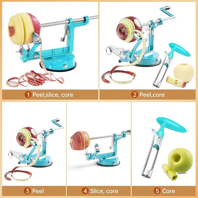 Apple Peeler Corer, 5 In 1 Apple Peeler Slicer Corer with Stainless Steel Blades and Powerful Suction Base for Apples and Potatoes(Teal)