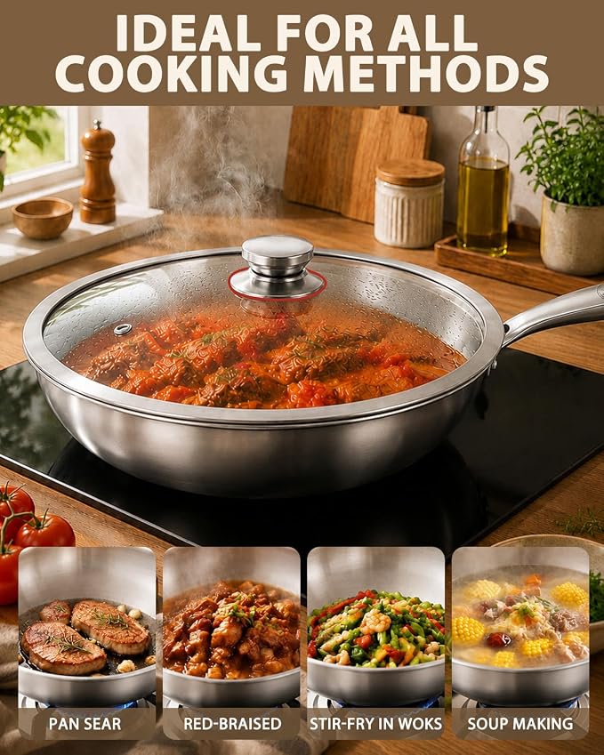 12.5-Inch Tri-Ply Stainless Steel Wok Pan with Lid | Detachable handle | Stir-Frying Pan | Induction Wok | Dishwasher and Oven Safe | Heavy-Duty | Flat-Bottom