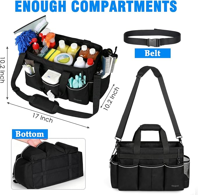Extra Large Cleaning Caddy Bag with 4 Foldable Dividers, Wearable Cleaning Caddy Organizer with Handle & Shoulder Strap & Waist Strap, Housekeeping Tote for Cleaners, Black