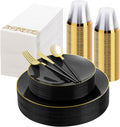 Bestluck 175PCS Black Plastic Dinnerware Set, Black Plastic Plates for 25 Guests, Include 50 Black Gold Plates with 75 Plastic Cutlery, 25 Napkins and 25 Cups