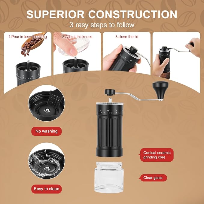 Manual Coffee Grinder with Conical Burr, 40 Adjustable Settings, 30g Capacity, Portable for Espresso, French Press, Travel, Camping, Office & Home Use