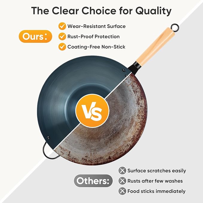NEWBULIG 13.5" Carbon Steel Wok Pan, Pre-Seasoned Flat Bottom Wok for Stir Fry, BBQ, Grill & Camping, Compatible with Induction, Electric, Gas and Open Fire, Blue