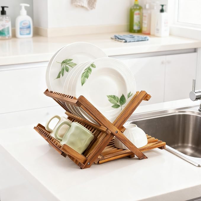 Utoplike Teak Dish Drying Rack Collapsible, Large Dishes Draine 3 Tier | Foldable Large Capacity Dish Draine, Space-Saving Countertop Kitchen Organizer for Plates, Cups
