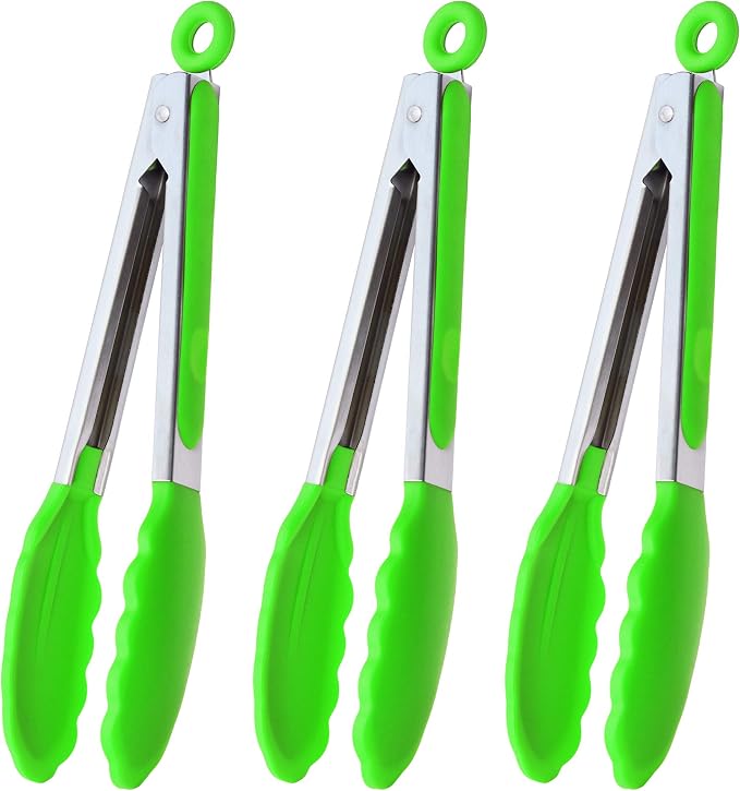 HINMAY Silicone Tongs 9" Stainless Steel Kitchen Tongs, Set of 3 (Green)