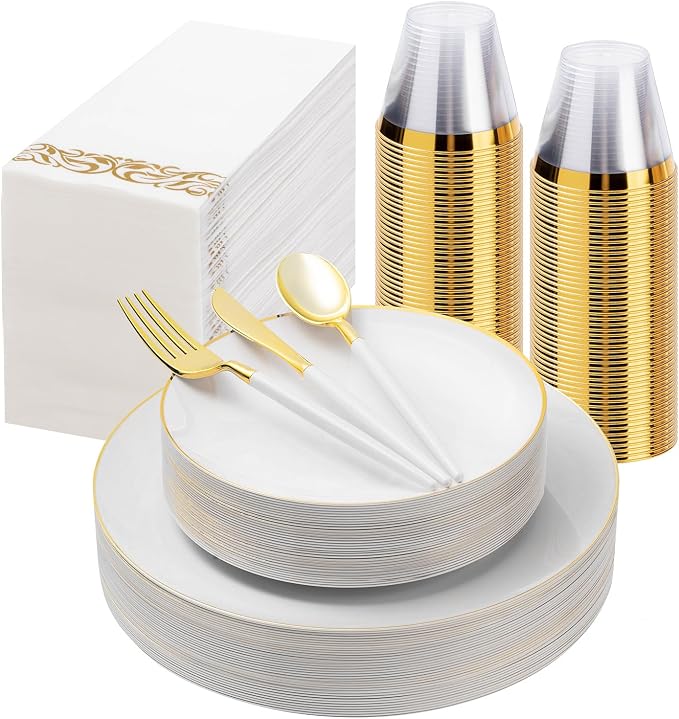 Bestluck 175PCS White Plastic Dinnerware Set, White Plastic Plates for 25 Guests, Include 50 White Gold Plates with 75 Plastic Cutlery, 25 Napkins and 25 Cups