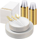 Bestluck 175PCS White Plastic Dinnerware Set, White Plastic Plates for 25 Guests, Include 50 White Gold Plates with 75 Plastic Cutlery, 25 Napkins and 25 Cups