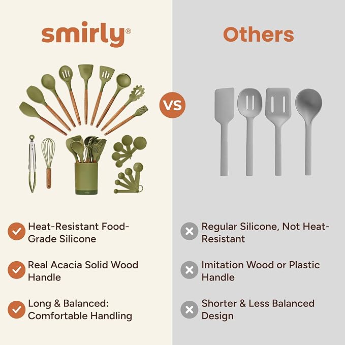 SMIRLY Silicone Kitchen Utensils Set, 22-Piece Acacia Wood Handle, Green | Cooking Utensils Set, Spatula Set with Utensils Holder, for Nonstick Cookware, for New Home & 1st Apartmen, BPA Free