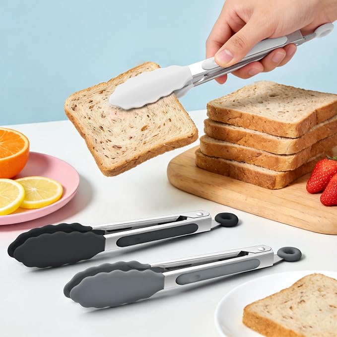 6PCS 7-Inch Silicone Tongs Set, Stainless Steel Tongs with Silicone Tips | Heat-Resistant Small Tongs For Cooking, Serving, Grilling | Dishwasher Safe | Black/White/Gray