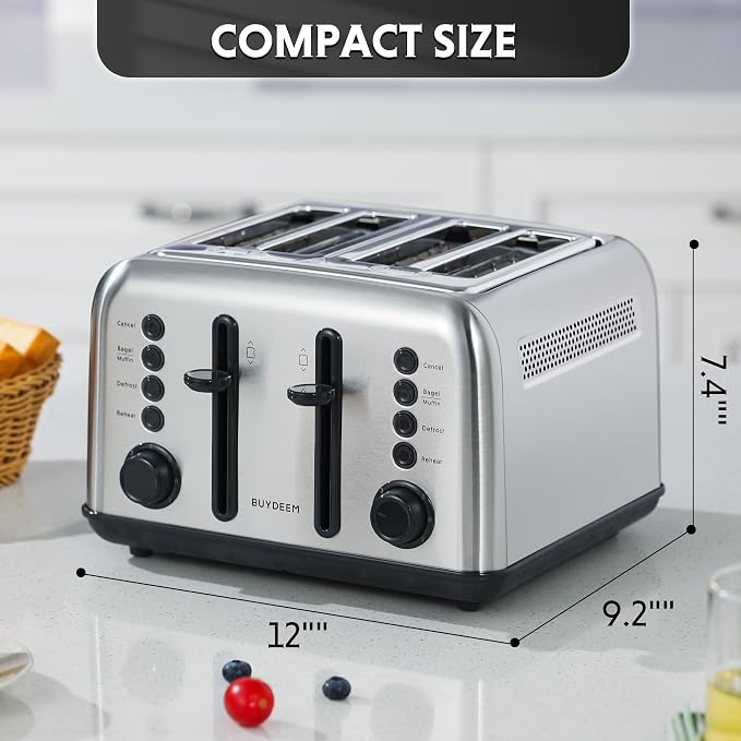 BUYDEEM DT640 4-Slice Toaster, 7 Shade Settings, Extra Wide 1.5’’ Slots for Bagel & English Muffin, 6 Toasting Functions, Retro Stainless Steel Toaster with High Lift Lever, 1800W, Retro Silver