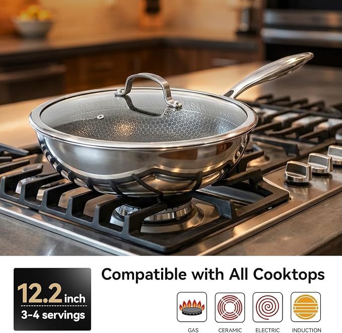 12.2 Inch Stainless Steel Honeycomb Wok Pan with Glass Lid, 3-Ply 18/10 Stainless Steel Stir Fry Pan, Flat Bottom Wok for Induction, Gas, Electric and Glass Stoves, 4.2 QT