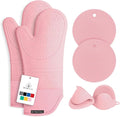 RORECAY Silicone Oven Mitts and Pot Holders Sets, Gloves for Kitchen, Pink | Set of 6 Kitchen Mitts for Baking & Cooking, Heat Resistant 500 ℉, 15" Extra Long, Non-Slip & Waterproof, Quilted Cotton