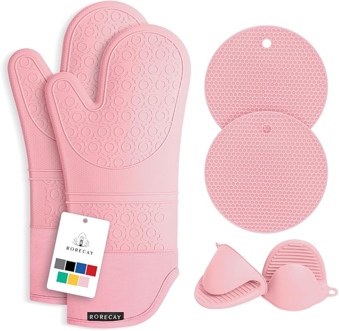 RORECAY Silicone Oven Mitts and Pot Holders Sets, Gloves for Kitchen, Pink | Set of 6 Kitchen Mitts for Baking & Cooking, Heat Resistant 500 ℉, 15" Extra Long, Non-Slip & Waterproof, Quilted Cotton