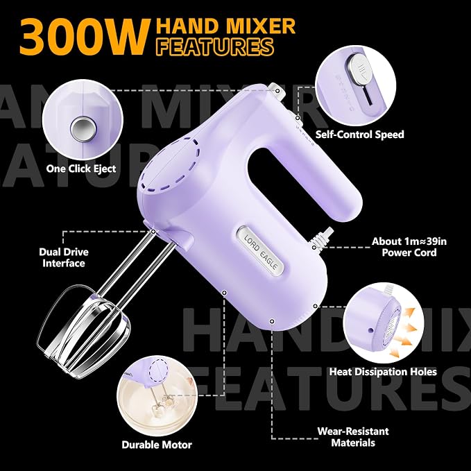 Lord Eagle 5-Speed Small Hand Mixer Electric, 300W Compact Portable, Purple | Handheld Kitchen Mixer Egg Beater with 5 Attachments & Storage Bag, Cake Supplies for Bread Dough Baking, Lightweight