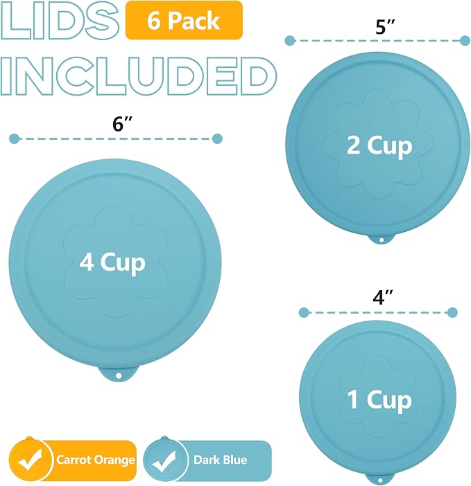 LUVCOSY 1 Cup 2 Cup 4 Cup Round Silicone Replacement Lids for Pyrex 7202-PC, 7200-PC, 7201-PC Glass Bowls, 6 Pack, Microwave & Dishwasher & Freezer Safe (Container not Included)