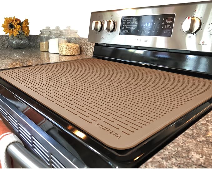 YUHFERA Stove Top Cover for Electric Stove - Silicone Stove Mat for Glass Top, Glass Cooktop Protector, XL Dish Drying Mats For Kitchen,Oven Covers for Electric Stove (Caramel,28 x 20)