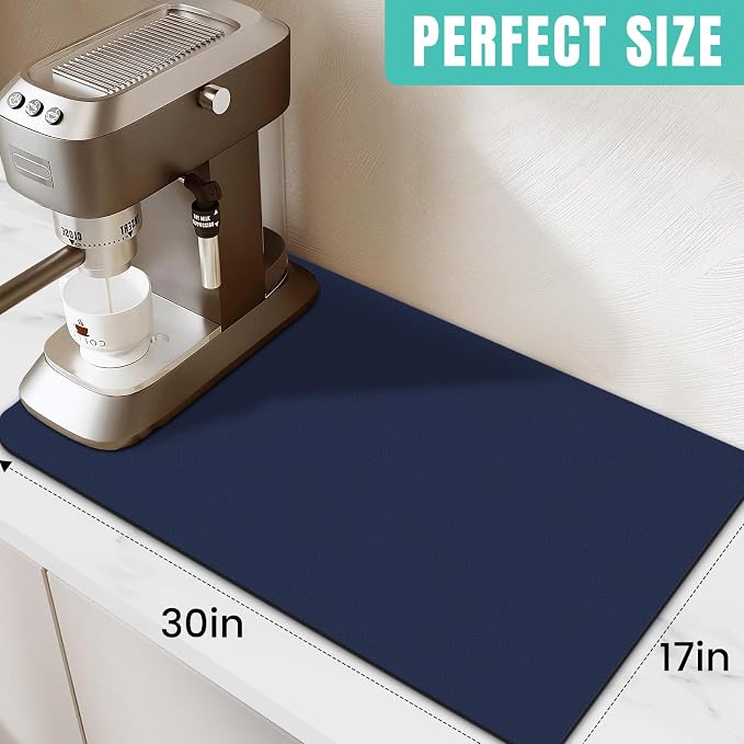 Coffee Mat Super Absorbent Dish Drying Mat Coffee Bar Mat 17"x 30", Blue | Match with Coffee Machine Accessories Large Drying Mats for Kitchen Counter