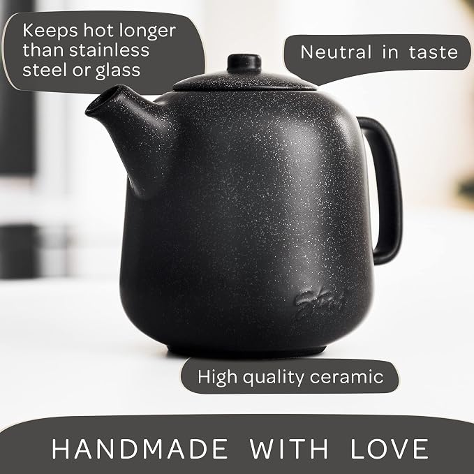 Design Tea Pot (44 oz) - Premium Ceramic Teapot with Infuser for Loose Tea - Black Teapot Ceramic with Removable Strainer