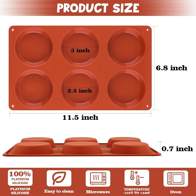 3 Pack Muffin Top Pans, 6 Cavities Silicone Egg Molds for Breakfast Sandwiches, Whoopie Pies, Hamburger Bun, English Muffins, Tarts, Corn Bread (Brick Red) ﻿ ﻿