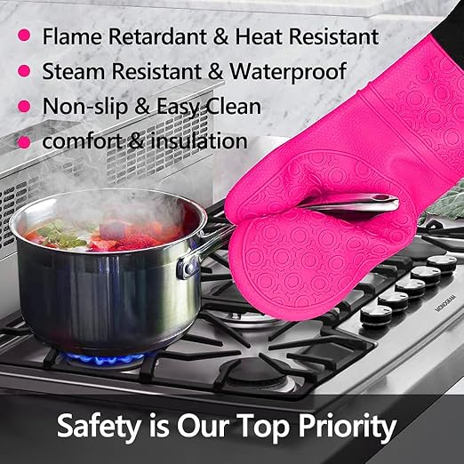 6pcs Silicone Oven Mitts and Pot Holders Sets for Kitchen, Rose | 500°F heat resistant, cotton lining, honeycomb non-slip texture, 15-inch forearm protection, baking cooking gloves