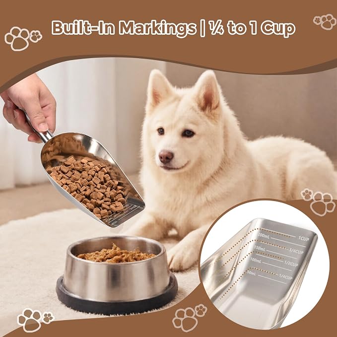 Pet cat-dog food-scoop measuring 1-cup - Food-grade 304 stainless steel material | 1-Cup capacity | Precision scale measurements