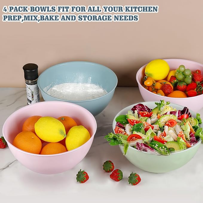 Greentainer 4-Piece Plastic Mixing Bowl Set, 113oz Lightweight Serving Bowls, Large Salad Bowls for Baking,Prepping, Cooking and Serving Food, Dishwasher & Microwave Safe