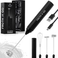 Zulay Rechargeable Milk Frother – 3-in-1 Handheld Frother Wand with Travel Case & USB-C Charger – Single, Double & Egg Whisk for Latte, Cappuccino, Matcha, Protein Shakes - Froth N Go Deep Black