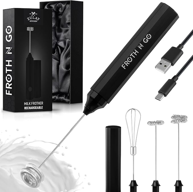 Zulay Rechargeable Milk Frother – 3-in-1 Handheld Frother Wand with Travel Case & USB-C Charger – Single, Double & Egg Whisk for Latte, Cappuccino, Matcha, Protein Shakes - Froth N Go Deep Black