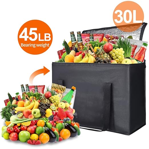 Bodaon 5-Pack Insulated Reusable Grocery Shopping Bag, X-Large Frozen Food Cold, Cooler Bags, Insulated Pizza Delivery Bag, Black