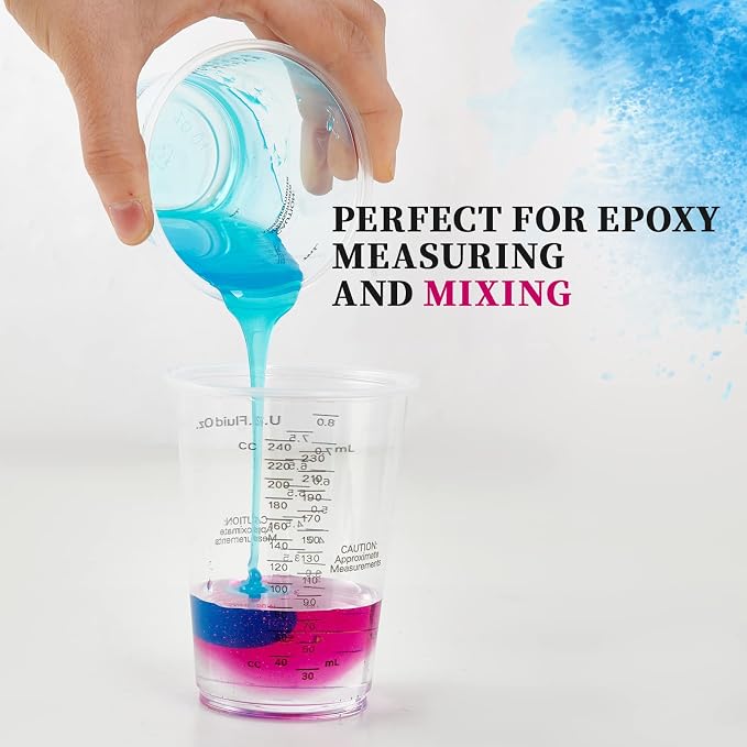 200 PACK Plastic Measuring Cups, 8 oz Disposable Mixing Cups with 100 Wooden Mixing Sticks, Can Be Used for Epoxy Resin, Liquid Measuring, Paint, Cooking and Baking