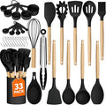 33Pcs Kitchen Utensils Set Silicone Cooking Utensils Set with Wooden Handle | Heat-Resistant, Dishwasher Safe, BPA-Free Silicone Kitchen Utensil Set with Wooden Handles & Holder for Nonstick Cookware