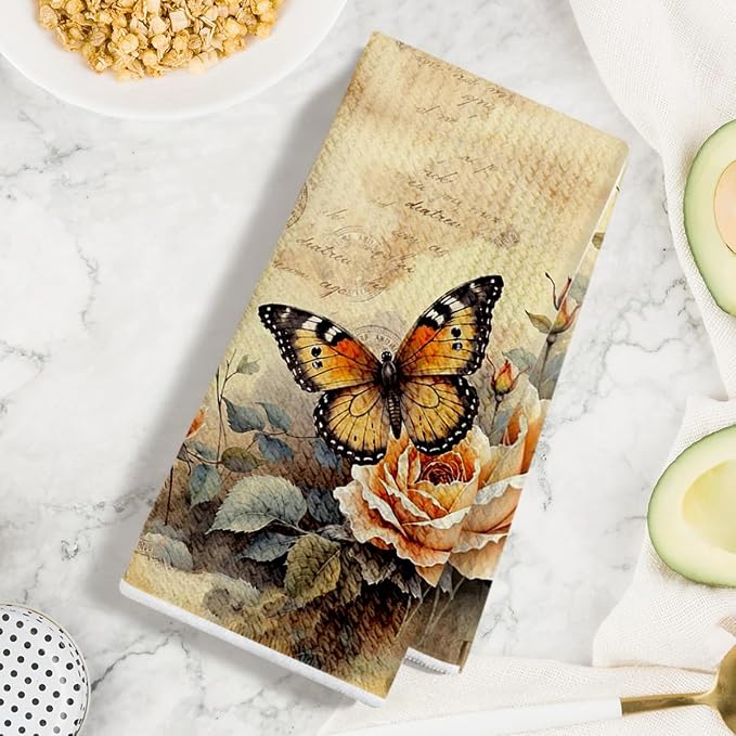 2 Pcs Vintage Butterfly Kitchen Towels, Flower Soft Absorbent Hand Towels | Butterfly Microfiber Dish Cloths for Dishes, Waffle Dish Towels for Kitchen Bathroom Decor, Housewarming Gifts for Women