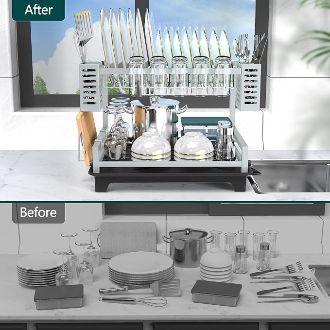 Dish Drying Rack, Rust-Proof 2 Tier Dish Racks for Kitchen Counter | Large Dish Drying Rack with Drainboard & Utensil Holders, Dish Drainers,Kitchen Organization