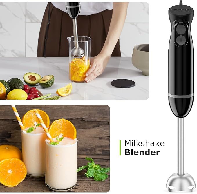 Bonsenkitchen 3-in-1 Immersion Blender Handheld with 2 Mixing Speed | Hand Blender with Egg Whisk & 24oz Beaker, Stainless Steel Blade, Portable Stick Mixer for Smoothie, Soup, Baby Food