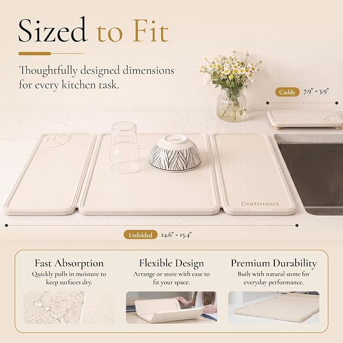Large Stone Drying Mat for Kitchen Counter, Diatomaceous Earth Foldable Dish Drying Mat, Diatomite & Silicone Fast Water Absorbing Dry Pad, Thick Folding Drainer Mats for Dishes & Countertops