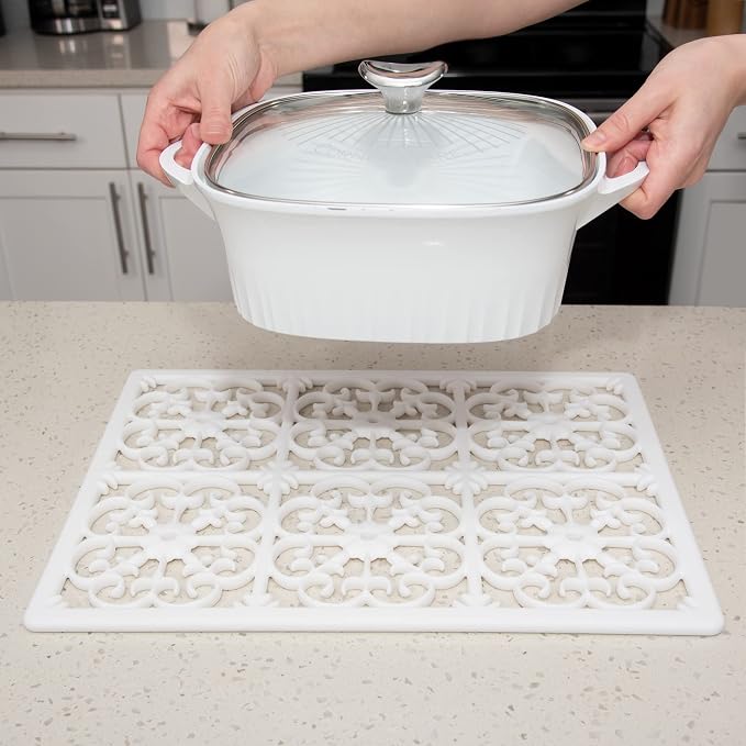 GASARÉ, Extra Large, Thick, Silicone Trivet for Hot Dishes, Pots, and Pans, Heat Resistant Mat for Countertop, Hot Pad for Kitchen, Easy to Clean, 16 x 12 x 3/8 Inches, White