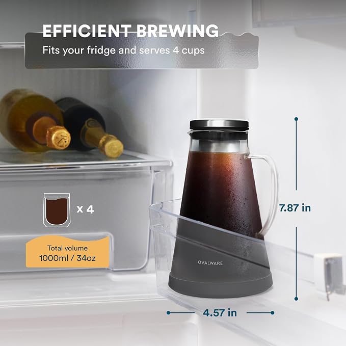 OVALWARE Airtight Cold Brew Coffee Maker with Tea Infuser & Spout 1.0L/34oz | Borosilicate Cold Brew Coffee & Iced Tea Maker with Removable Strainer & Spout | Ideal for Home Baristas & Tea Enthusiasts