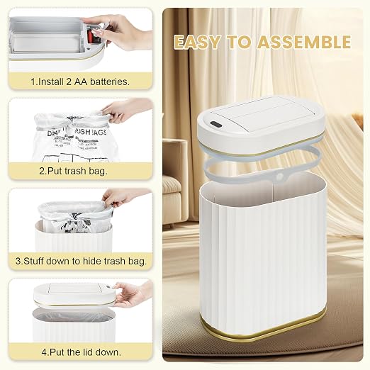 ELPHECO Motion Sensor Bathroom Trash Can with Lid 2 Gal Automatic Trash Can | Butterfly Lid, Room Decor Bathroom Accessories, Motion Sensor Wastebasket Garbage Can, Kitchen Living Room Office, White Gold