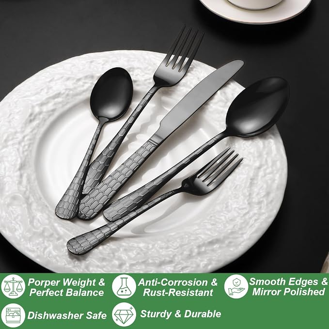 Silverware Set,40-Piece Stainless Steel Flatware Set for 8 | Food-Grade Stainless Steel Cutlery Set,Dishwasher Safe,Mirror Finished Utensil Sets for Home Restaurant,Round Hammered,Black