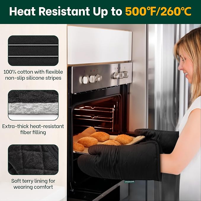 Beneno Heat Resistant 500°F Kitchen Oven Mitts 2-Pack, 7.5"x14.3", Black | Textured Non-Slip Silicone Grip, Extra Long Forearm Protection, Soft Quilted Cotton Terry Lining, Ideal for Baking & Grilling