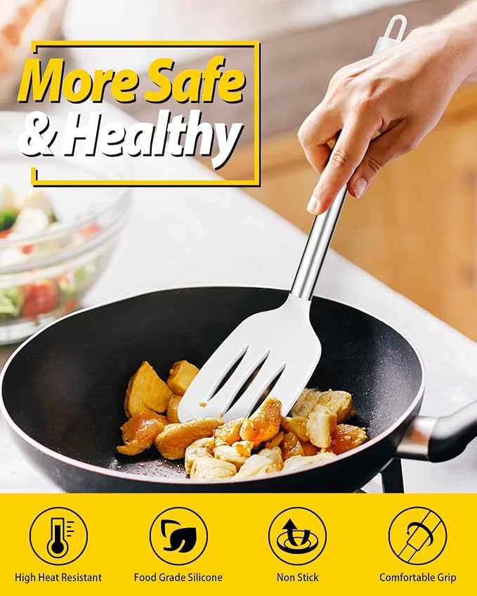 Pack of 4 Silicone Cooking Utensils Set, Non Stick Large Solid Spatulas, Heat Resistant Slotted Spoons, Ideal BPA Free Kitchen Turners for Frying, Mixing,Serving,Draining,Turning,Stirring (WHITE)