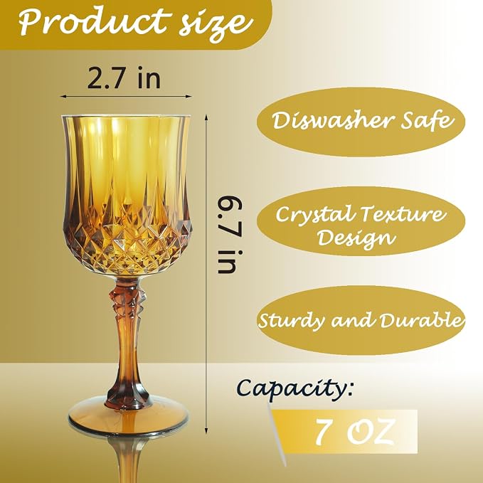 24Pack Plastic Wine Glasses, 7oz Vintage Goblets for Wedding | Unbreakable Crystal Style Reusable Stemware, Elegant Amber Drinking Glass for Party Anniversary & Holiday Celebration