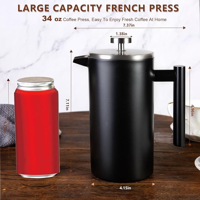 34 OZ Large French Press, Premium Stainless Steel French Press Coffee Maker | Sturdy Insulated French Coffee Press 4 - 8 Cups, Tea Presses for Home Kitchen Camping Travel Loose Tea, Elegant Black