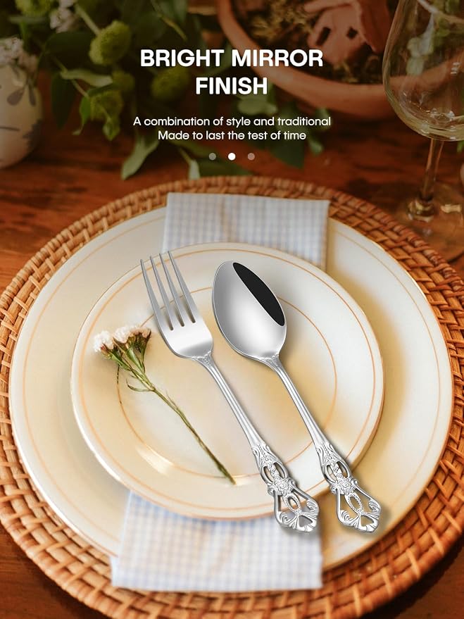 Stapava 30 Pcs Gorgeous Retro Royal Silverware Set, Stainless Steel Cutlery Flatware Set for 6, Include Forks Spoons and Knives Set, Mirror Polished Utensils Set, Dishwasher Safe