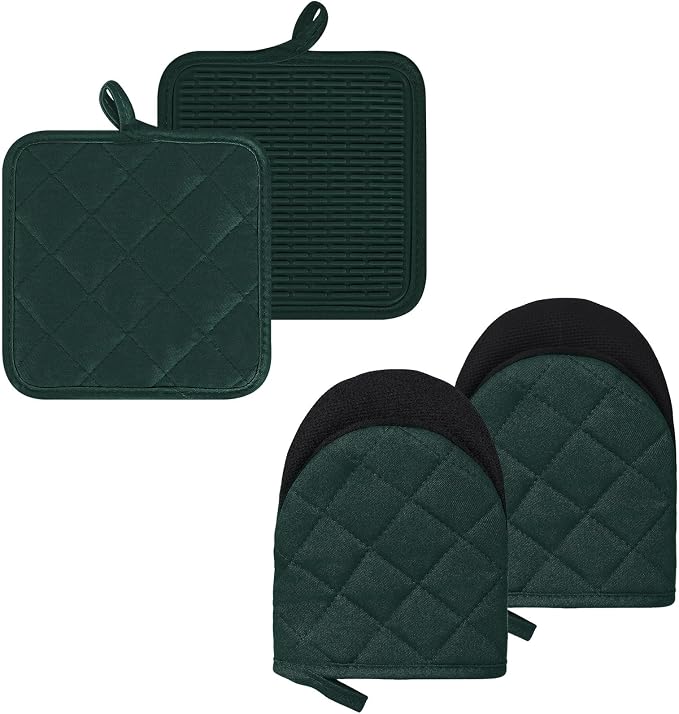 Oven Mitts and Pot Holders Set, Pack of 4, Heat Resistant Silicone Kitchen Mini Oven Mittens for 500 Degrees, Mini Oven Gloves and Hot Pads for Baking Grilling Barbecue Microwave Machine Washable