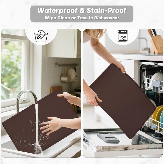 Rnivvi Silicone Coffee Mat, 16" x 24" Waterproof Raised Edge Coffee Bar Mats for Espresso Machine Station Accessories, Heat Resistant Dish Drying Pad for Kitchen Counter, Rubber Bar Decor Pad, Brown