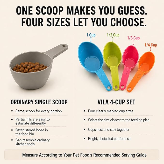 Vila Cat Food Measuring Cups, One Set to Feed Them All - Ideal Scoop Cups for Multi-Pet Homes, Perfect Portion for Your Pets, Easy to Fill and Measure, 4pcs